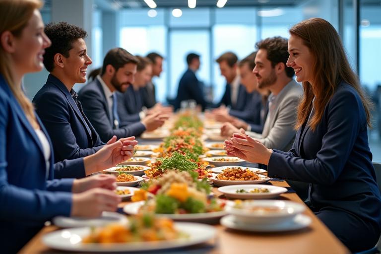 Equipo de trabajo disfrutando de un catering para empresas de IberFeast durante un almuerzo en la oficina.