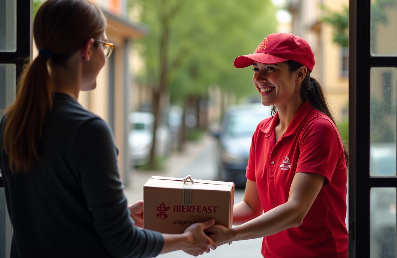 Repartidor de IberFeast entrega un pedido en una zona residencial de las afueras de Madrid.