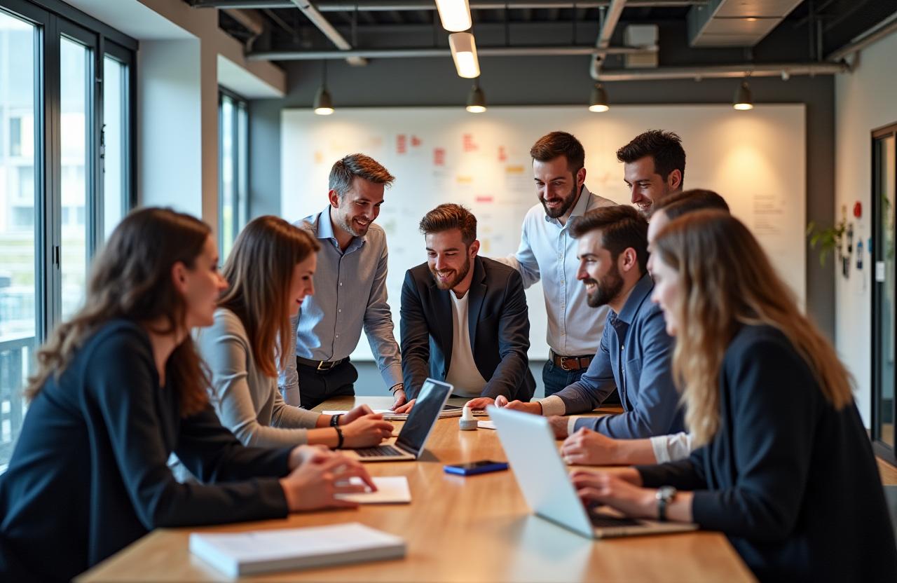 El equipo profesional y diverso de IberFeast colaborando en su oficina moderna en Madrid.