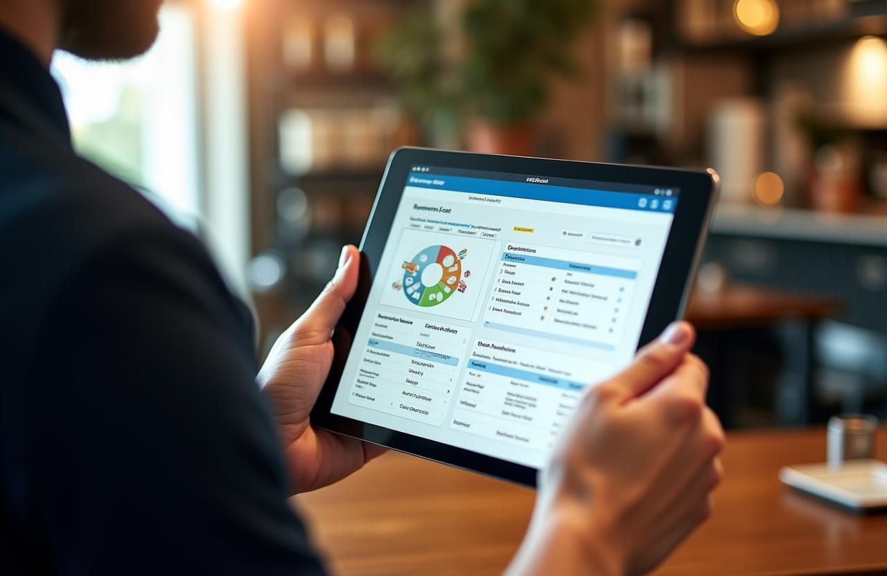 Dueño de restaurante utiliza el panel de control de IberFeast en su tablet para la gestión de pedidos.